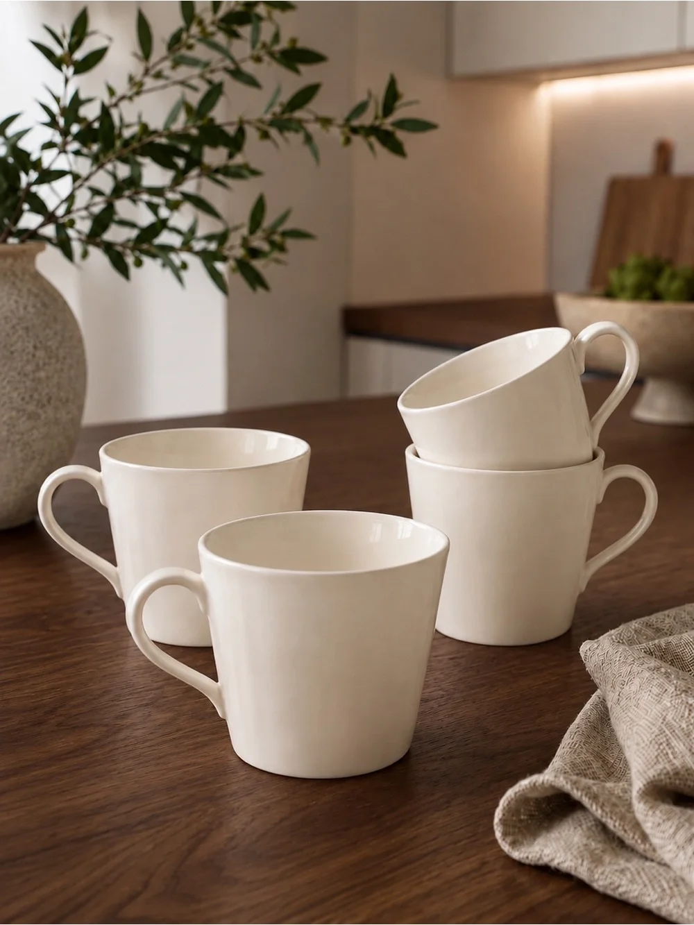 Crate & Barrel Set of 4 White Ceramic Coffee Mugs 12 oz Modern Cream Ivory